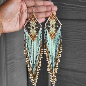 Handmade XL Dia Western Beaded Earrings Fringe Tribal Jewelry Dangle Boho Y2K